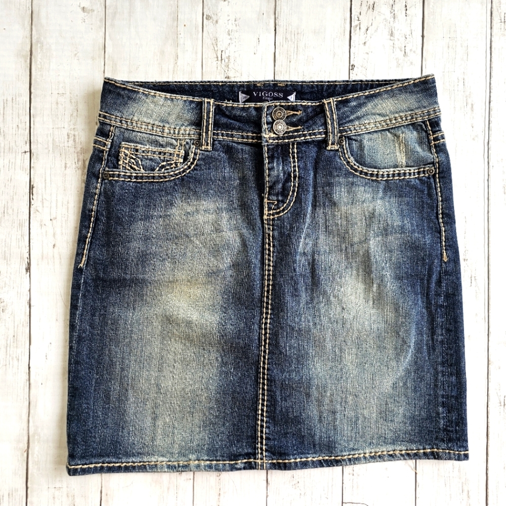 Vigoss Denim Jean Midi Skirt Thick Stitch Stretchy Faded Style Size 29/7